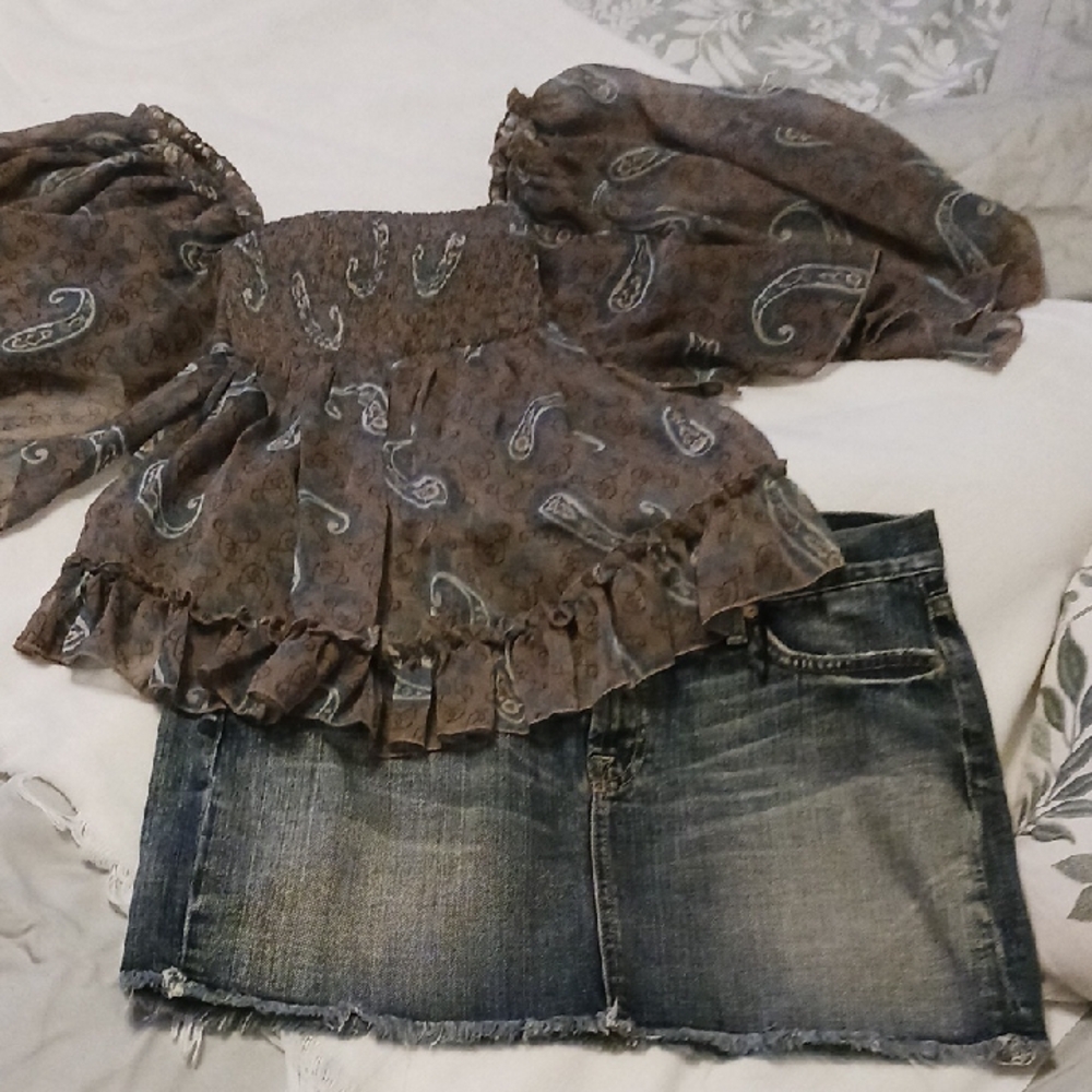 Paisley Off-Shoulder Top and Denim Skirt Set